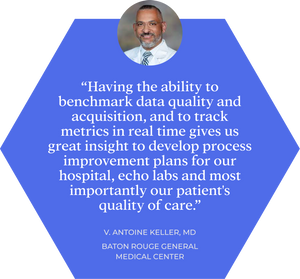 Blue hexagon with text: Having the ability to benchmark data quality and acquisition, and to track metrics in real time gives us great insight to develop process improvement plans for our hospital, echo labs and most importantly our patient's quality of care.